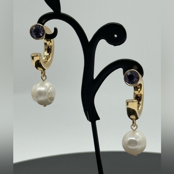 INC Gold Tone Open Hoop with Dangling Faux Pearl Purple Crystal Post Earrings - Picture 5 of 13